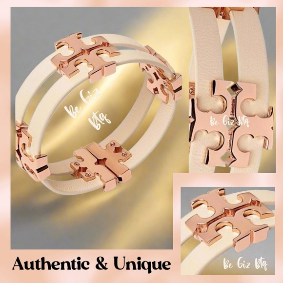 Tory Burch Authentic Serif T Stacked Leather Sand Rose Gold Wrap Bracelet - Picture 1 of 12